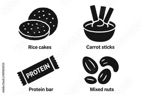 Healthy snack icons set: solid silhouette vector of rice cakes, hummus dip bowl with carrot sticks, protein bar wrapper, mixed nuts symbols, diet nutrition pictogram collection