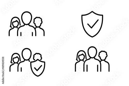 Outline icons of herd immunity concept featuring diverse community silhouettes and shield with check mark representing vaccination coverage, community immunity, pandemic prevention