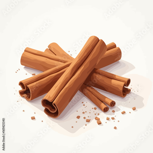 Aromatic pile of cinnamon sticks with scattered powder. Vector illustration of a fragrant culinary spice isolated on a white background.