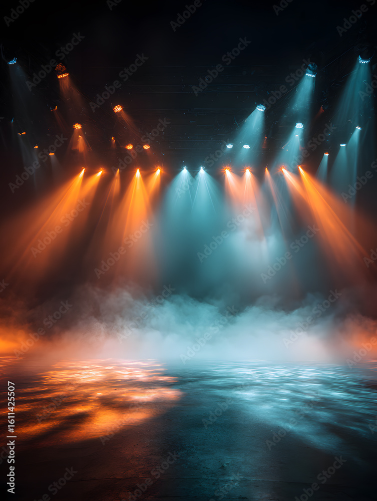 Fototapeta premium Dynamic stage lighting with orange and blue beams creating dramatic atmosphere