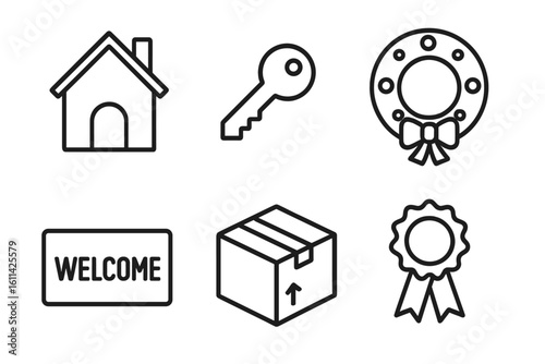 New home celebration outline icon set – house silhouette, door key, festive wreath with bow, welcome doormat, moving box, award ribbon rosette – thin line vector illustration
