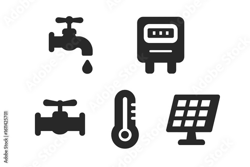 Solid filled smart home utilities icon set showing water tap stopcock valve electric power meter gas valve regulator thermostat and renewable energy solar panel transparent vector