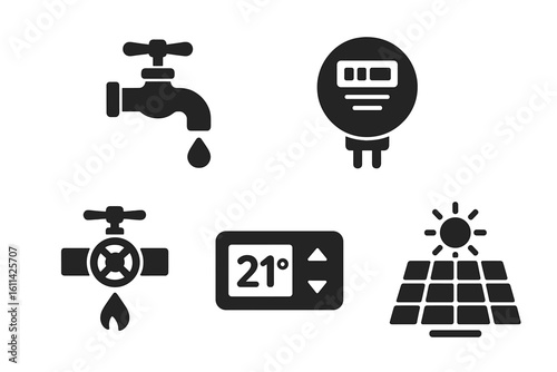Home utilities black solid icon set vector—dripping water tap faucet, electric smart meter, gas valve flame, digital thermostat 21° display, solar panel sun renewable energy symbols