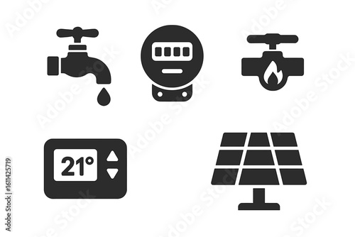 Home utilities icon set vector – solid filled silhouettes of water tap with drop, electric smart meter, gas valve with flame, digital thermostat 21°C, solar photovoltaic panel for UI