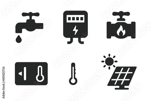 Home utilities solid icon set: water tap drip, electric meter lightning, gas valve flame, thermostat control panel, thermometer, solar panel sun, glyph vector collection