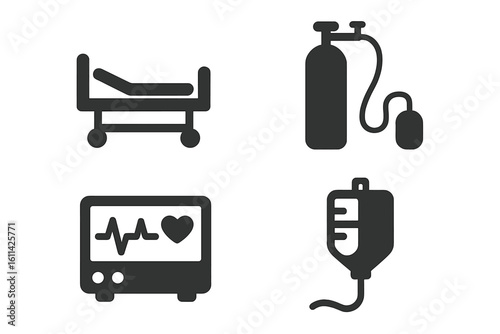 Hospital equipment glyph icons: solid silhouette pictograms of patient bed, oxygen cylinder, heart rate monitor, IV drip bag. Flat black vector symbols for healthcare UI design