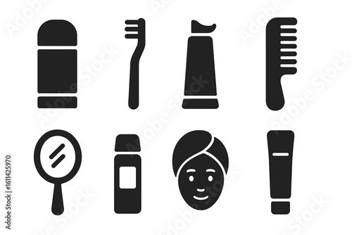 Solid hygiene icon set—personal care silhouette symbols: deodorant stick, toothbrush, toothpaste tube, comb, mirror, skincare face, pictograms isolated for bathroom graphics