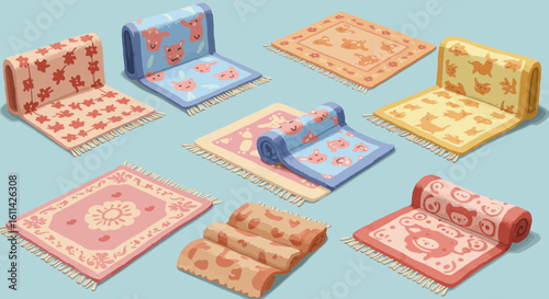 Artistic collection of colorful carpets with cute animal designs and playful patterns