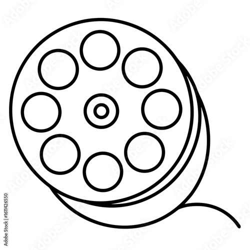 Clean line art illustration of a vintage film reel with spool and holes