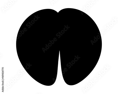 Black graphic of a cow or deer hoof print on white background