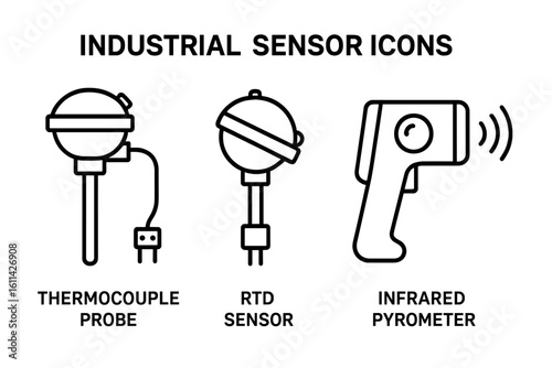 Industrial temperature sensor icons, outline vector pack of thermocouple probe with mini plug, RTD resistance temperature detector, handheld infrared pyrometer gun pictograms
