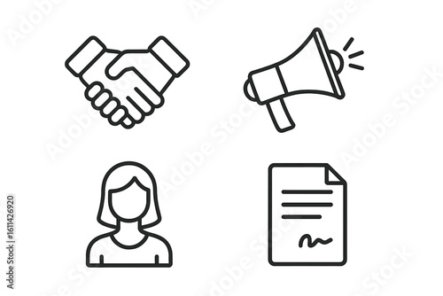Influencer collaboration outline icon set – partnership handshake, marketing megaphone, female creator avatar, signed contract, social media brand endorsement vector illustration