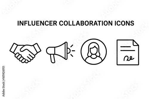 Influencer collaboration outline icon set with handshake agreement, megaphone promotion, female avatar and signed contract on transparent background for social media marketing