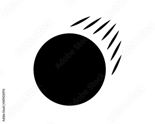 A stylized black comet symbol moving through space, on a white background