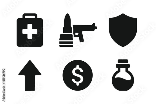Video game UI solid glyph icon set of health medical kit, bullet ammo, handgun weapon, defense shield, level up arrow, currency dollar coin, magic potion bottle vector illustration