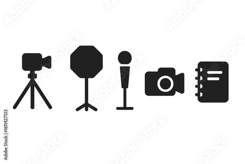 Interview setup icon set – solid filled black glyph vector showing video camera on tripod, octagonal softbox light, standing microphone, camcorder, spiral notebook pictogram for media production