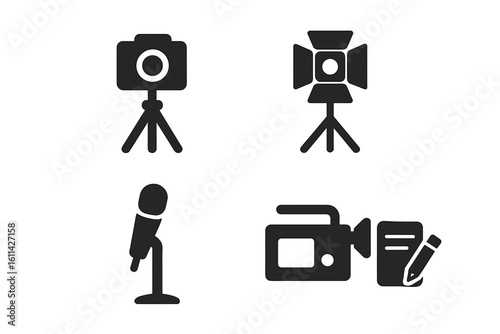 Interview setup solid glyph icon set. Video production equipment pictograms: DSLR camera on tripod, studio softbox light, microphone stand, handheld camcorder, journalist notebook