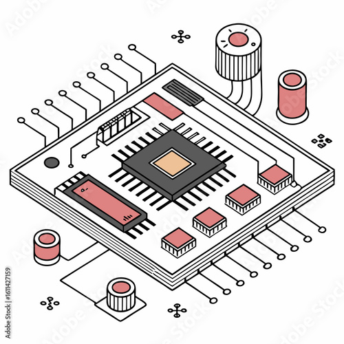Isometric Illustration of a Microchip Circuit Board