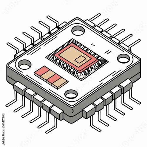 Isometric Illustration of a Microchip with Detailed Circuitry