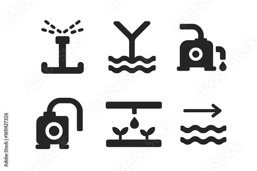 Solid glyph irrigation system icons set showing sprinkler head, canal fork splitter, water pump with drip, drip irrigation line, water flow arrow, farming technology pictograms vector