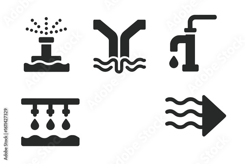 Irrigation system icons set. Solid black water sprinkler head, canal fork, faucet tap, drip line emitters, stream flow arrow, agriculture irrigation equipment vector illustration