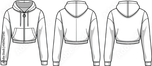 Cropped hoodie fashion template with drawstring hood, zipper front, multi-view layout, CAD drawing flat vector illustration, garment sketch