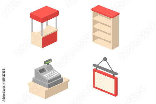 Isometric retail kiosk icon set: red pop-up booth stand, wooden shelving unit, cash register on counter, blank hanging storefront sign, shop equipment vector illustration