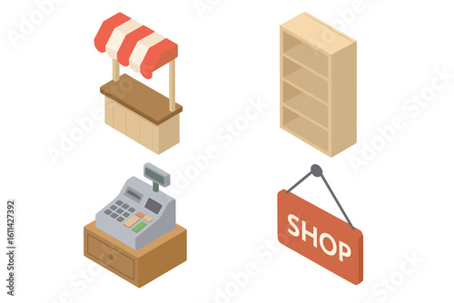 Isometric retail kiosk icon set featuring pop-up market stall counter with striped awning, point-of-sale cash register, empty store shelving unit and hanging shop sign vector