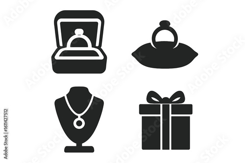 Luxury jewelry icons set—open ring box, velvet cushion ring bearer, necklace display bust with pendant, wrapped gift box with bow—solid black glyph pictograms for accessories