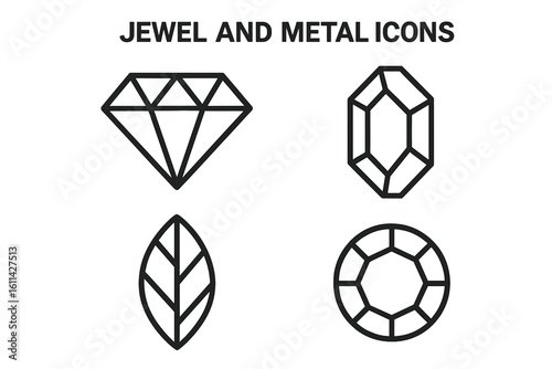 Outline jewel and metal icons collection of precious gemstone shapes. Diamond brilliant cut, emerald octagon, ruby oval, sapphire round, marquise leaf cut line art vector set.