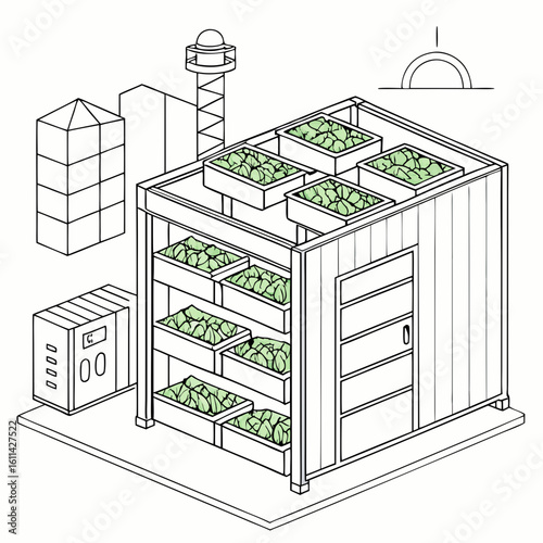 Isometric Illustration of a Multilevel Vertical Farm System