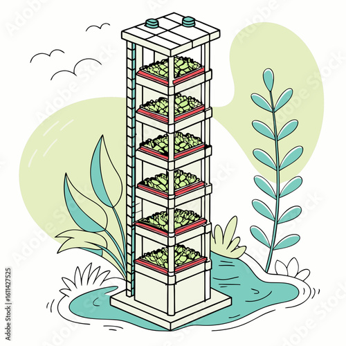 Isometric Illustration of a Multilevel Vertical Farm Tower