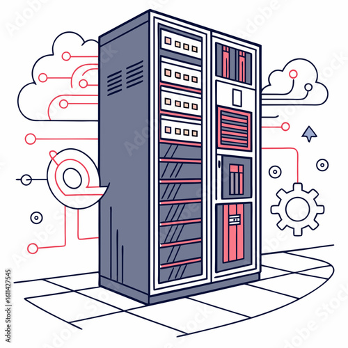 Isometric Illustration of a Network Server with Cloud Connections