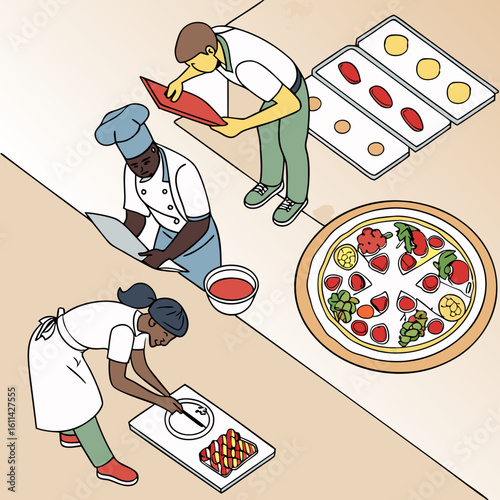 Isometric Illustration of a Pizza Kitchen Team Preparing Food