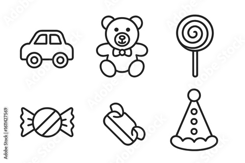 Kids birthday party outline icon set – toy car, teddy bear, lollipop candy, wrapped sweets, festive cone hat. Minimal thin line symbol pack, editable stroke vector illustration