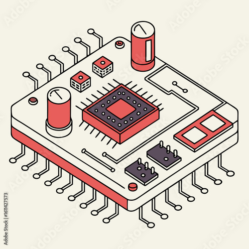 Isometric Illustration of a Red and Gray Computer Microchip Circuit Board