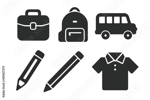 Solid glyph icons of kids morning routine essentials: lunchbox, backpack, school bus, pencils, uniform shirt. Back to school supplies, education vector on transparent background