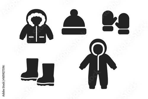 Kids winter clothing icon set vector, baby snowsuit, children parka jacket, beanie pom hat, mittens, snow boots, cold weather toddler outfit silhouette pictogram