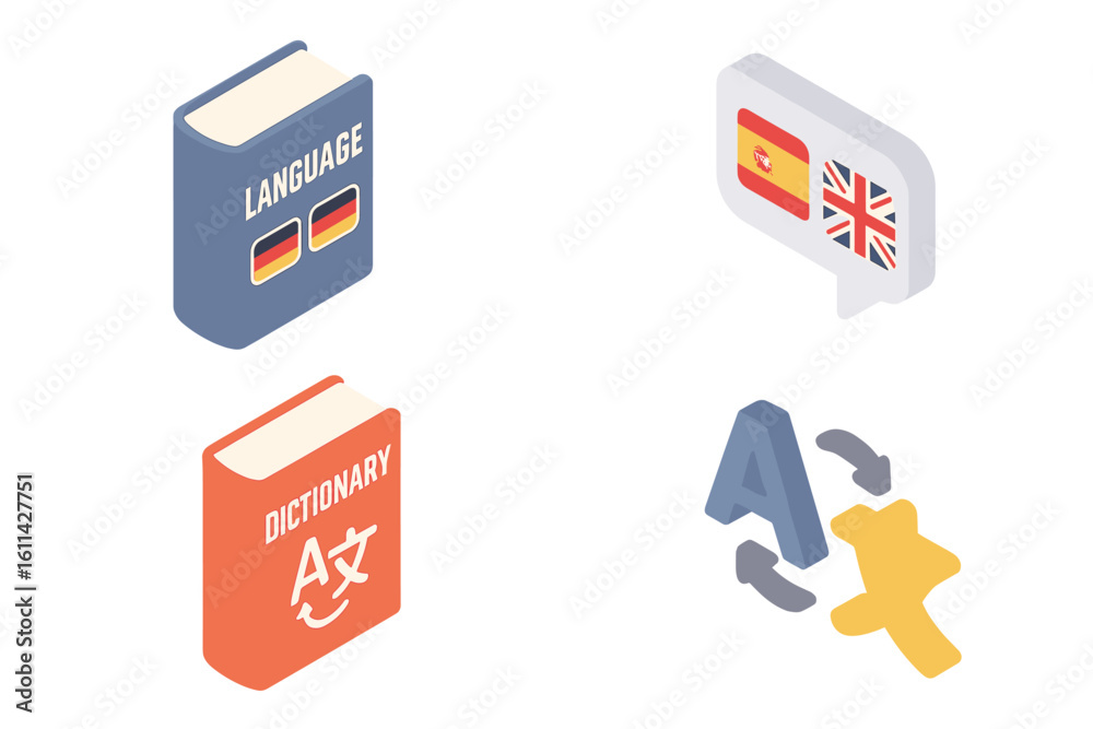 Obraz premium Isometric language learning and translation icon set featuring textbooks, dictionary, bubble with Spanish and UK flags, exchange arrows, vector illustration on transparent background