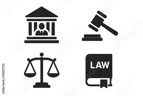 Solid black courthouse judge silhouette, gavel hammer strike, justice scales and law book icons set. Flat legal symbol bundle for courtroom, legislation, government, law firm design