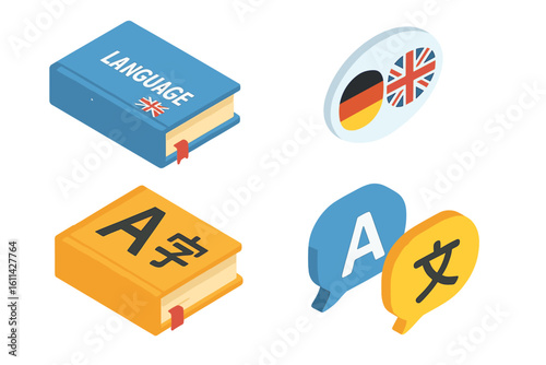 Isometric language learning and translation icon set: textbooks, dictionary with English German Chinese symbols, speech bubbles, UK and German flags, vector on transparent background
