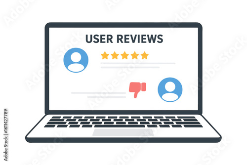 Laptop screen with user reviews, five star rating and thumbs down negative rating, online review interface for customer satisfaction evaluation and ecommerce ranking concept