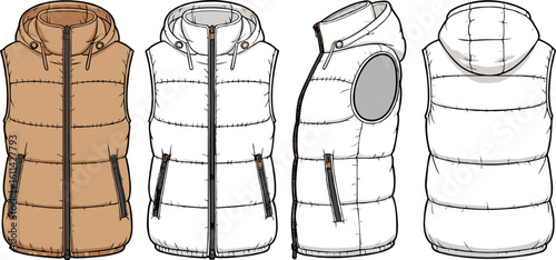 Puffer vest with hood, zipper pockets, side patch detail, multi-view fashion CAD drawing flat vector illustration, winterwear garment template