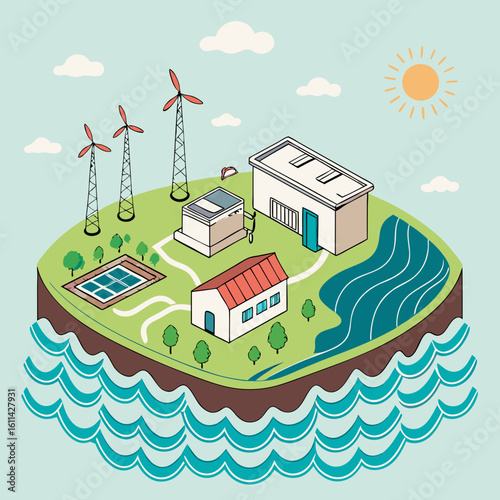 Isometric Illustration of a Sustainable Island Community with Renewable Energy Sources
