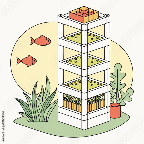 Isometric Illustration of a Vertical Aquaponics System with Fish and Plants