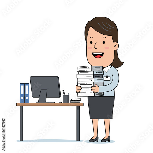 Woman carries stack of papers by desk with computer files  stationery