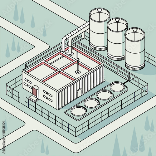 Isometric Illustration of a Water Treatment Plant