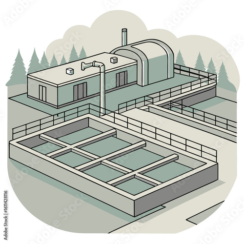 Isometric Illustration of a Water Treatment Plant in a Rural Setting