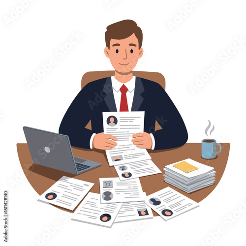Man reviews resumes at a desk with laptop stack of papers and coffee mug