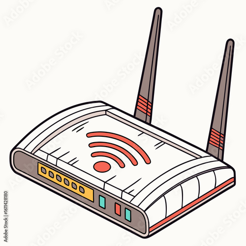 Isometric Illustration of a White Wifi Router with Red Accents